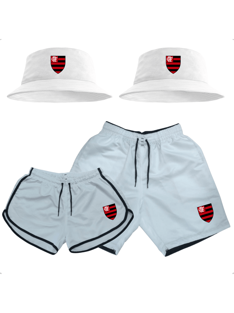 Shorts Casais Bermudas Moda Praia + 2 Chapéu Bucket Hat Time Flamengo