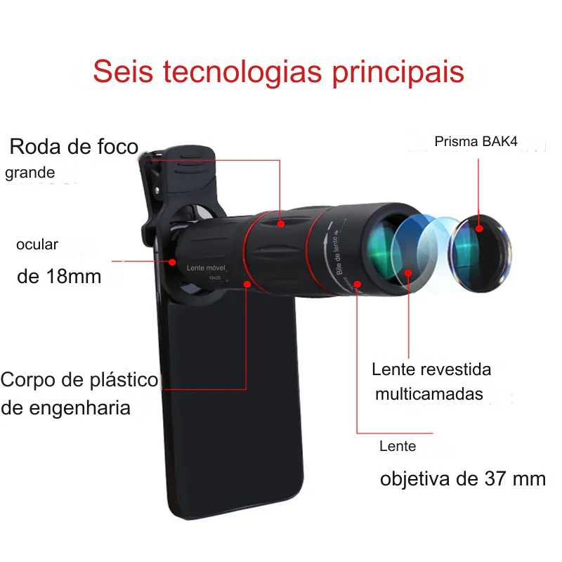 Super Luneta Universal Zoom Óptico 18X para Celular – Acompanha Tripé